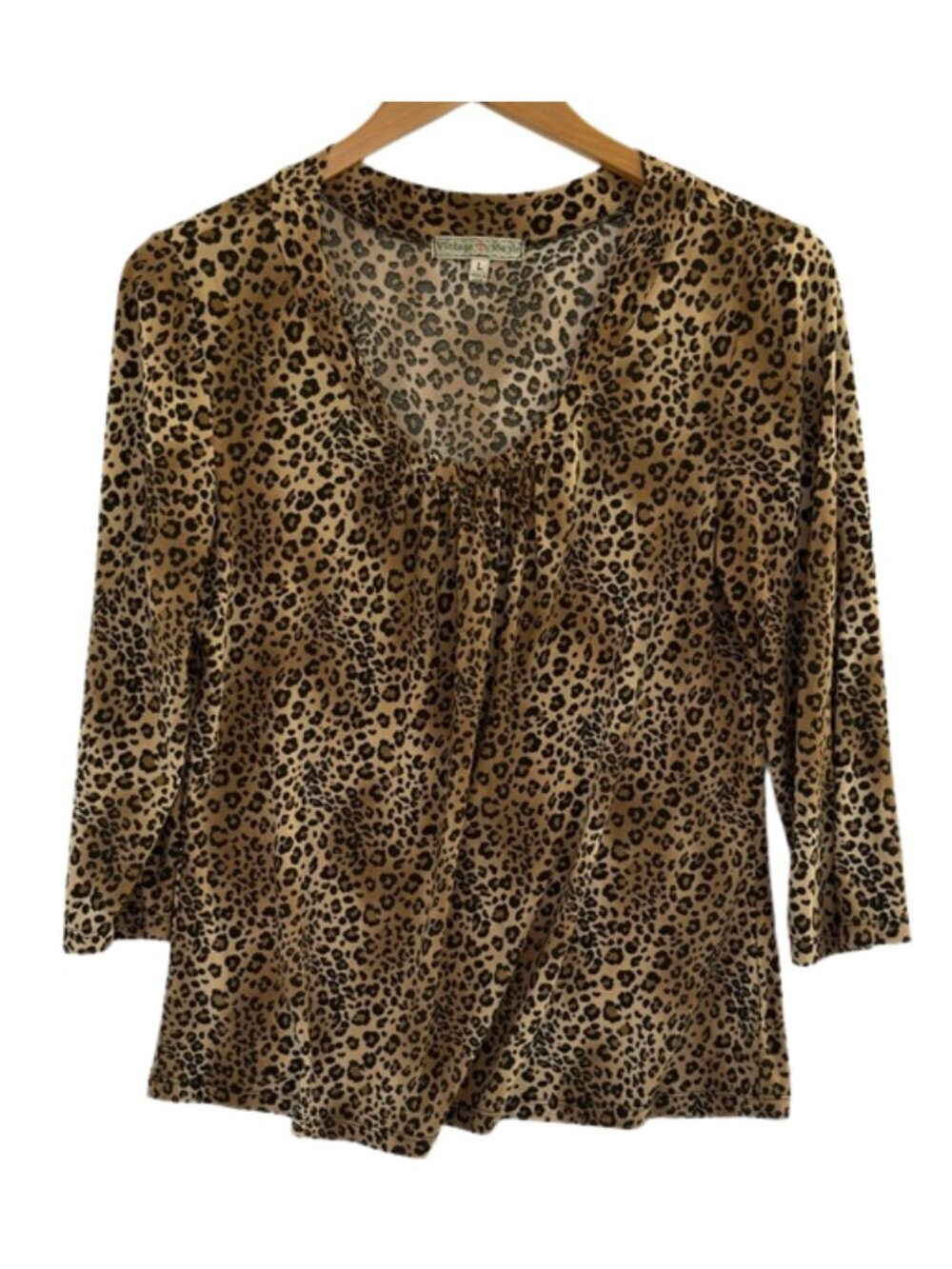Vintage Suzie Leopard Print V-Neck Top Large 3/4 Sleeve Made in USA Y2K Aestheti
